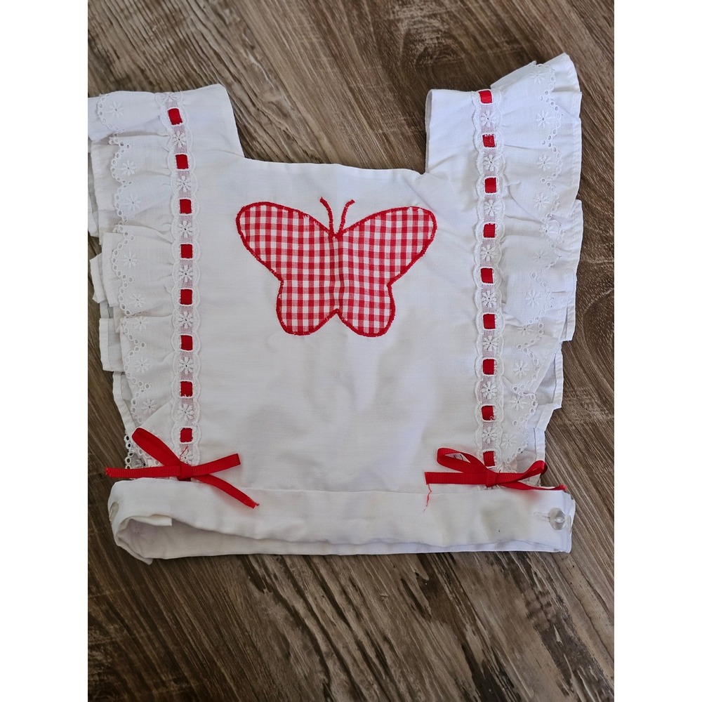 Vintage Girls White Eyelet Lace Butterfly Pinafore Bib Top Red Gingham Bows